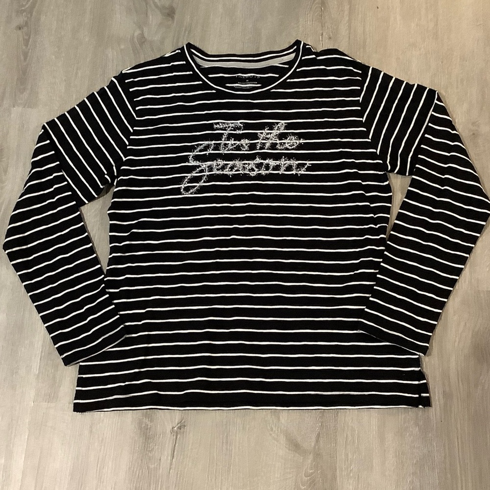 Talbots “Tis the season” black & white striped long sleeve tee